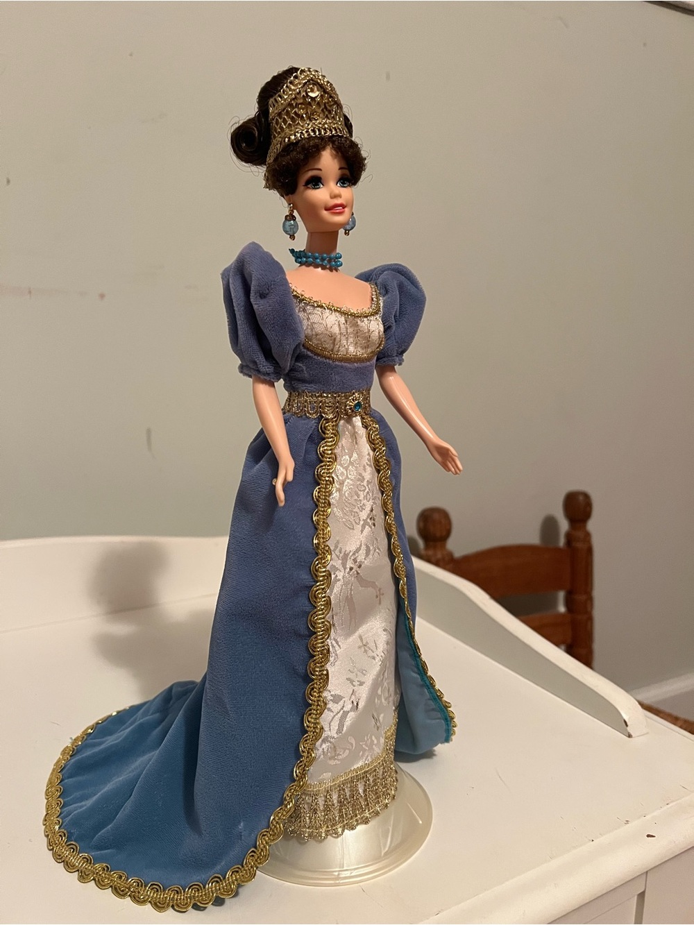 Blue and Gold Regency-Style Decorative Doll by